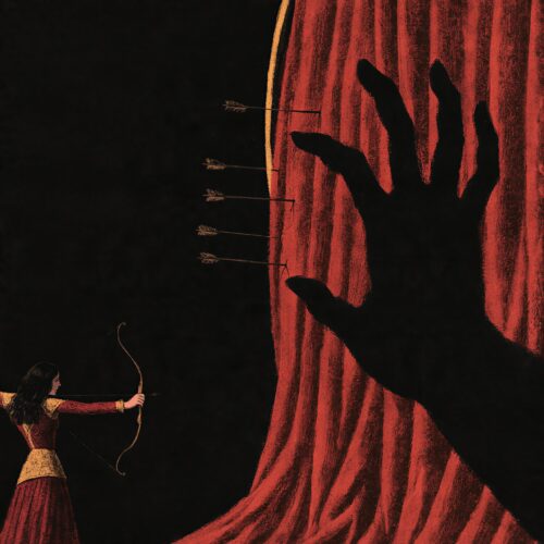 Une archère espagnole vise avec son arc un grand rideau rouge où se profile l'ombre d'une main d'homme géante.