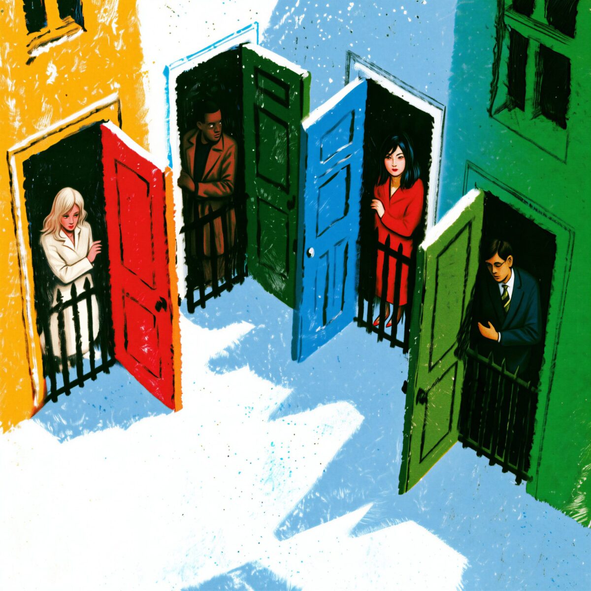 Illustration de quatre personnes se tenant derrière des grilles de portes ouvertes dans des façades colorées.